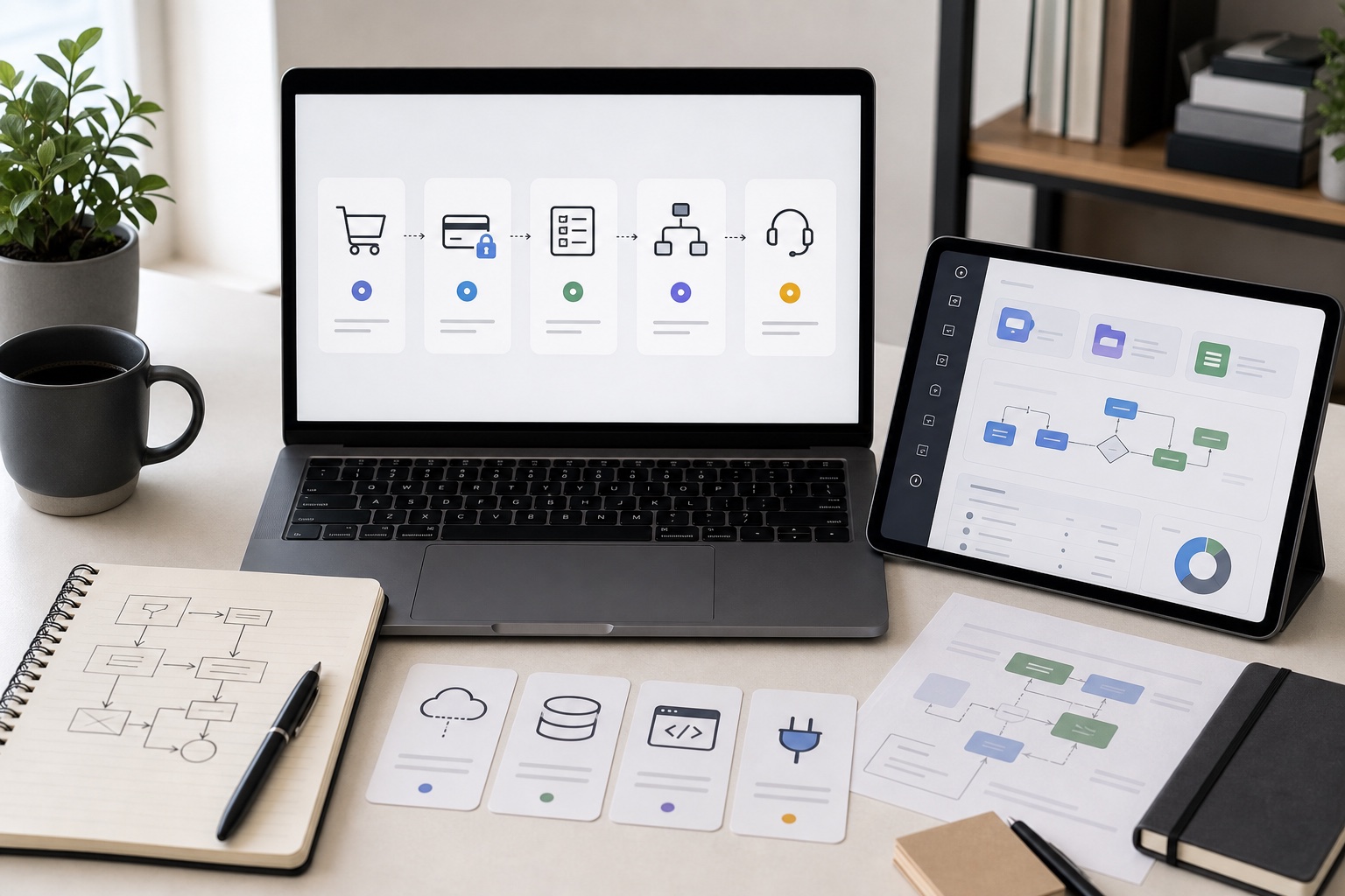 Digital service delivery workflow on laptop and tablet